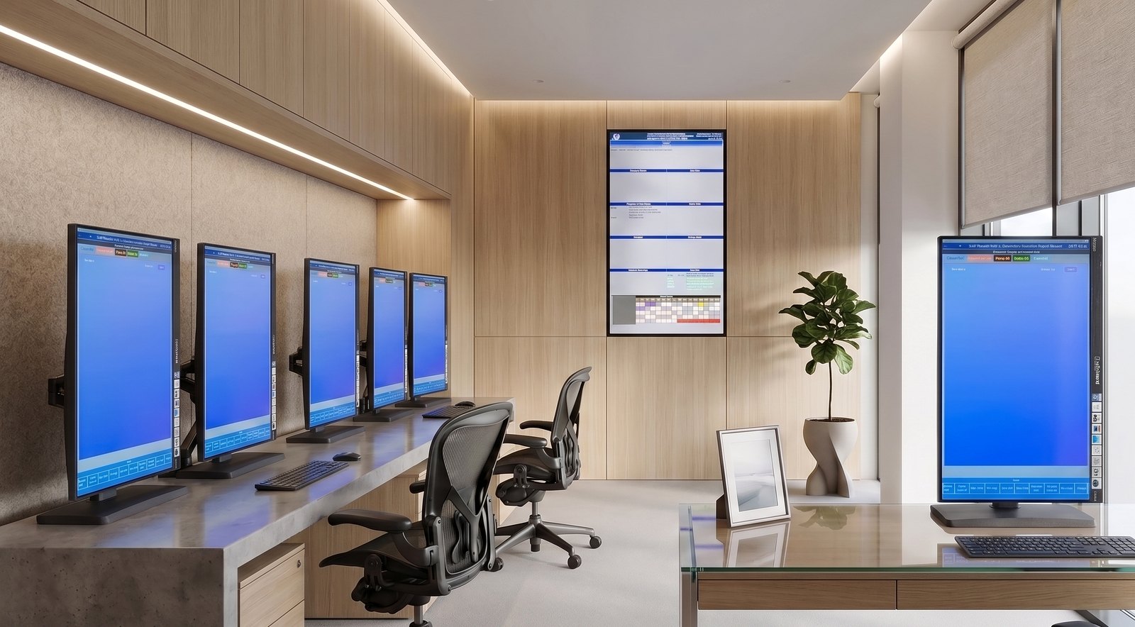 A briefing area fitted with a row of portrait MEIDS self-briefing terminals and a wall-mounted briefing board