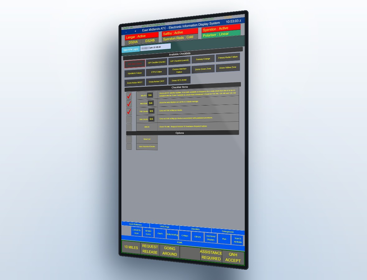 A MEIDS terminal showing a runway change checklist with confirmed items ticked, and further checklists available for drone zones and equipment failures