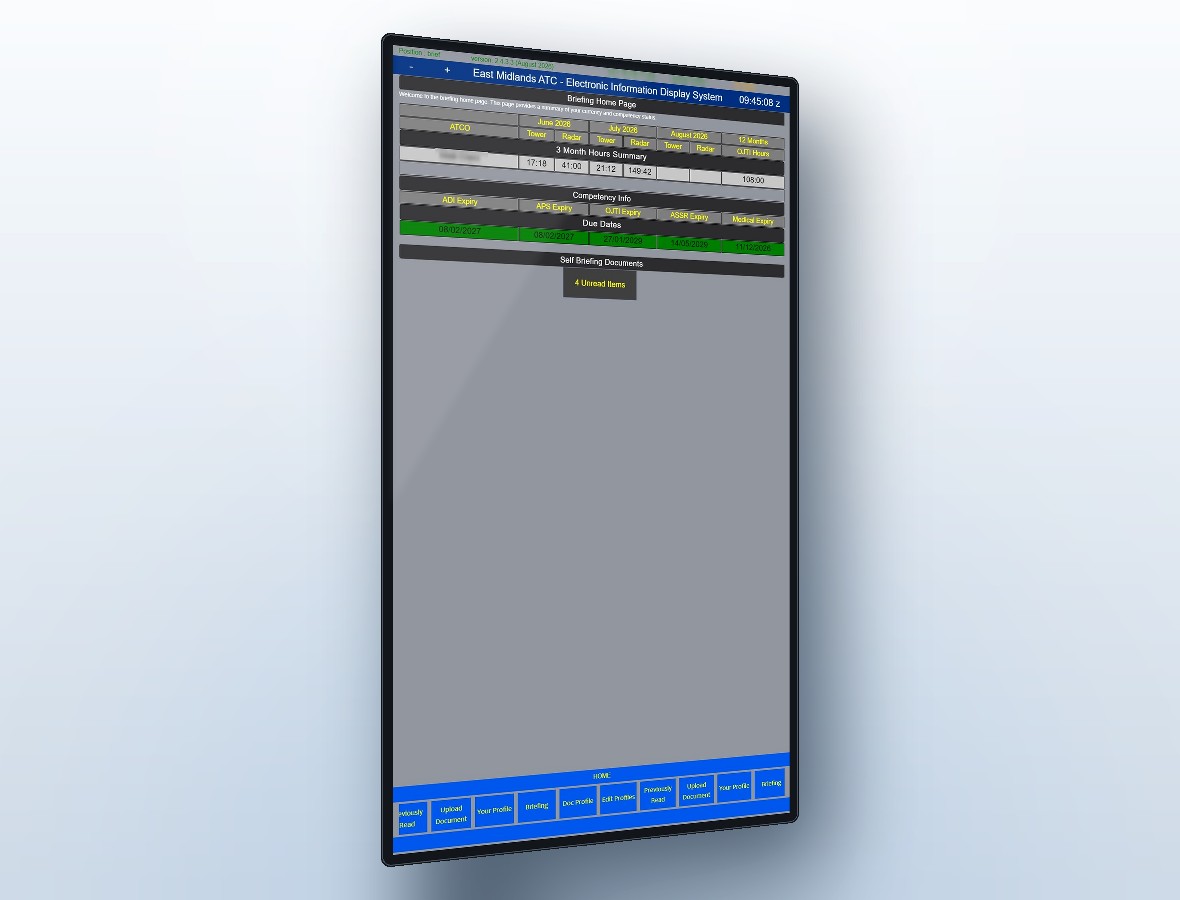 A MEIDS terminal showing a controller's three-month hours summary by position and their competency expiry dates