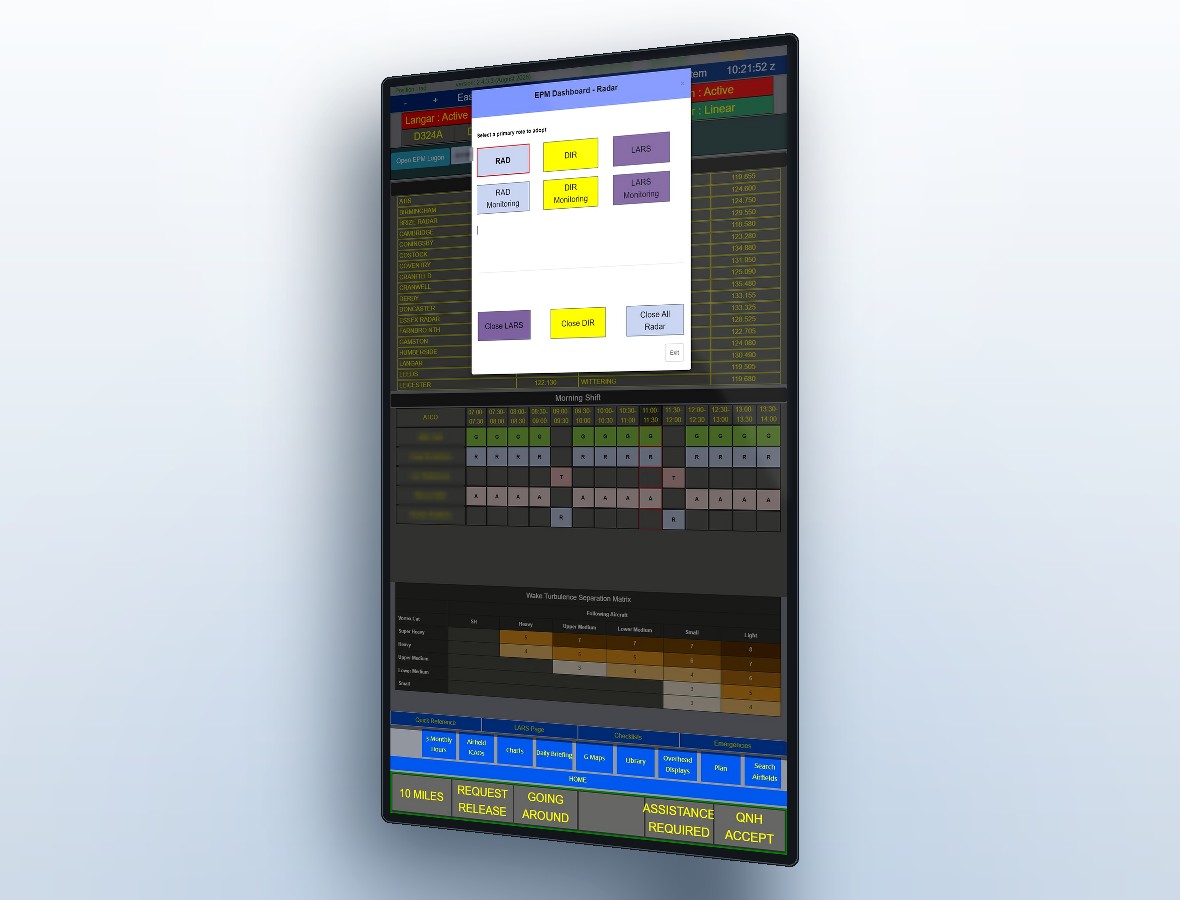 The MEIDS EPM dashboard open over the position display, offering RAD, DIR and LARS roles plus their monitoring equivalents