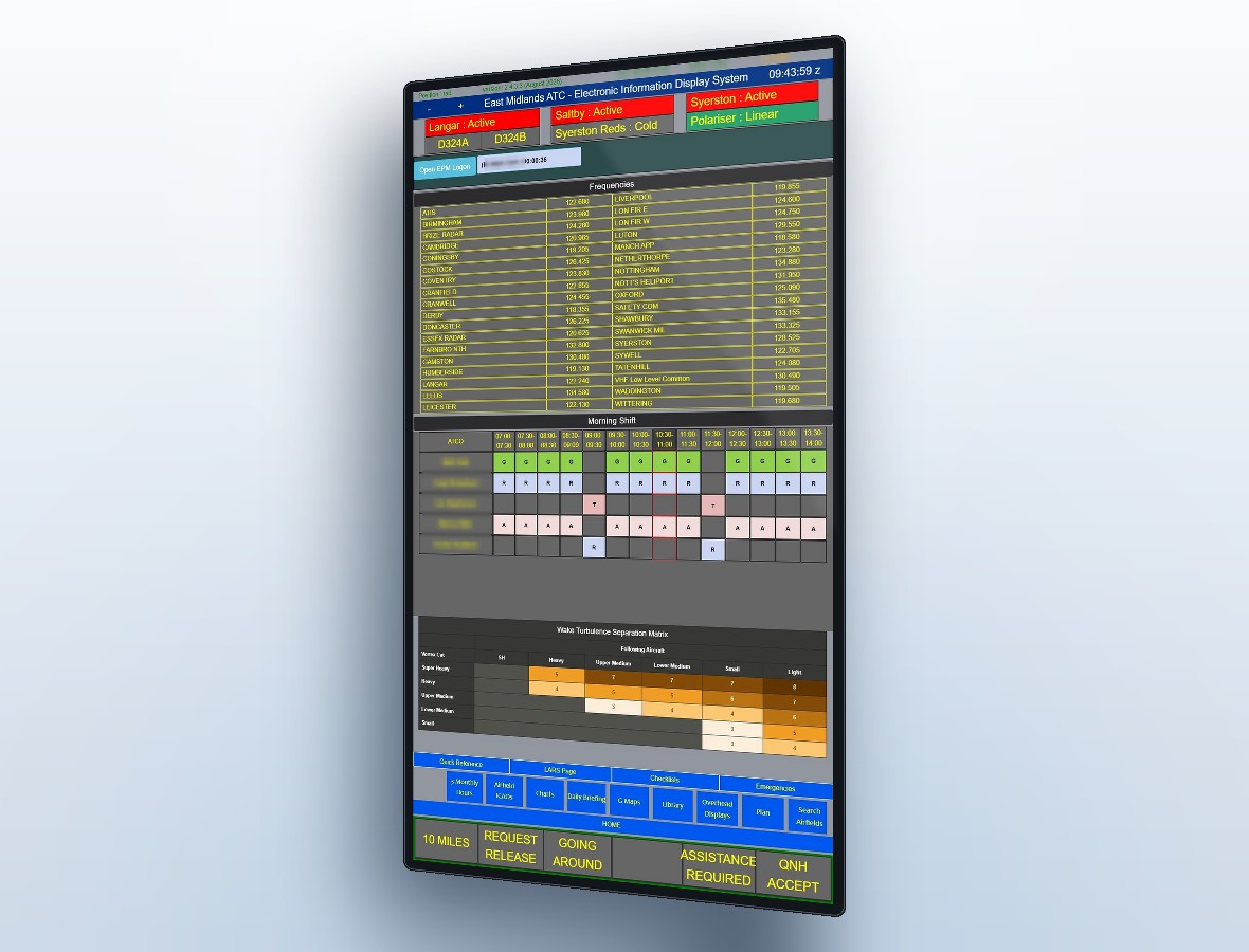 A portrait touchscreen running MEIDS, showing airspace status, a frequency table, the morning shift plan and the wake turbulence separation matrix