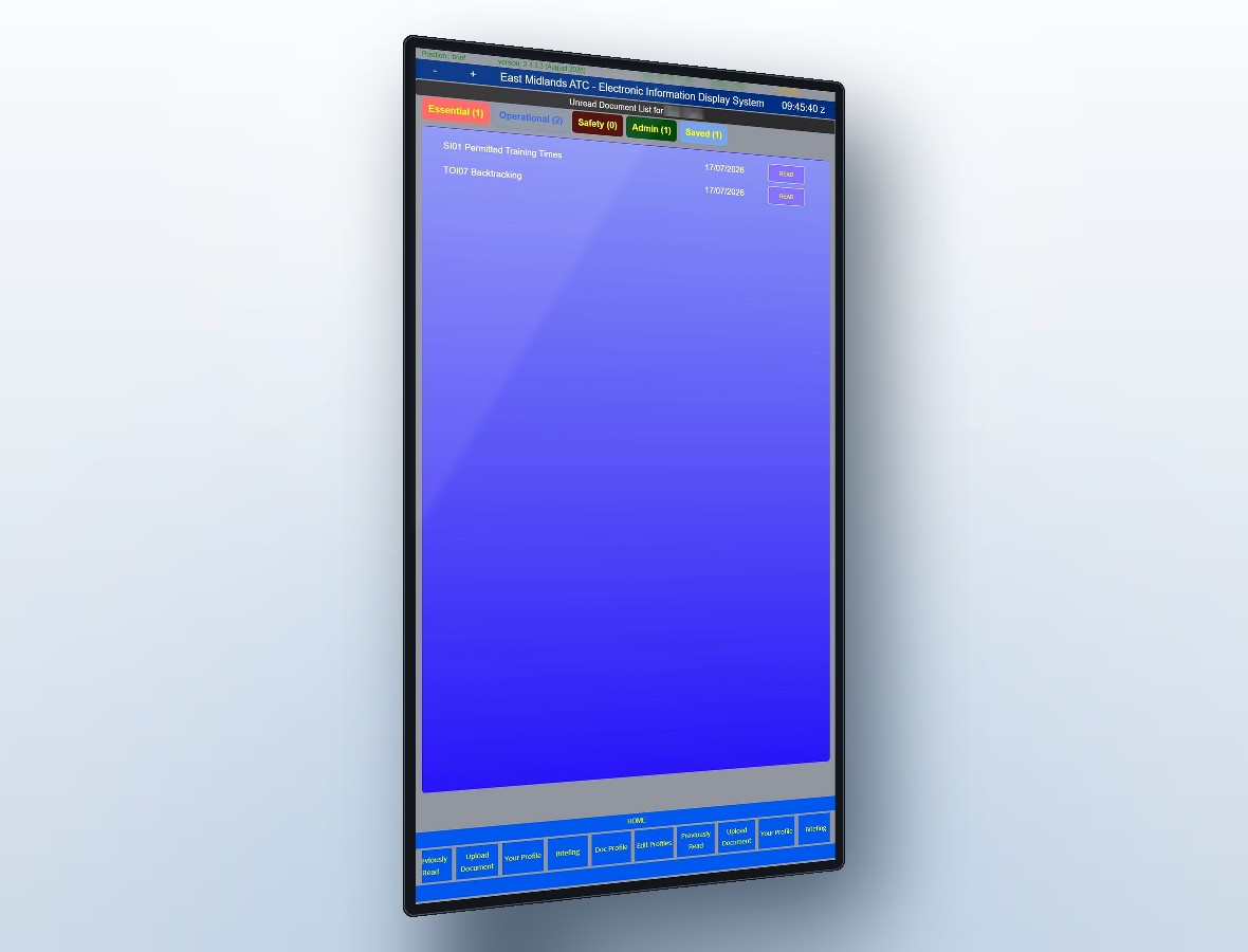 A MEIDS terminal showing a controller's unread document list with Essential, Operational, Safety, Admin and Saved filters